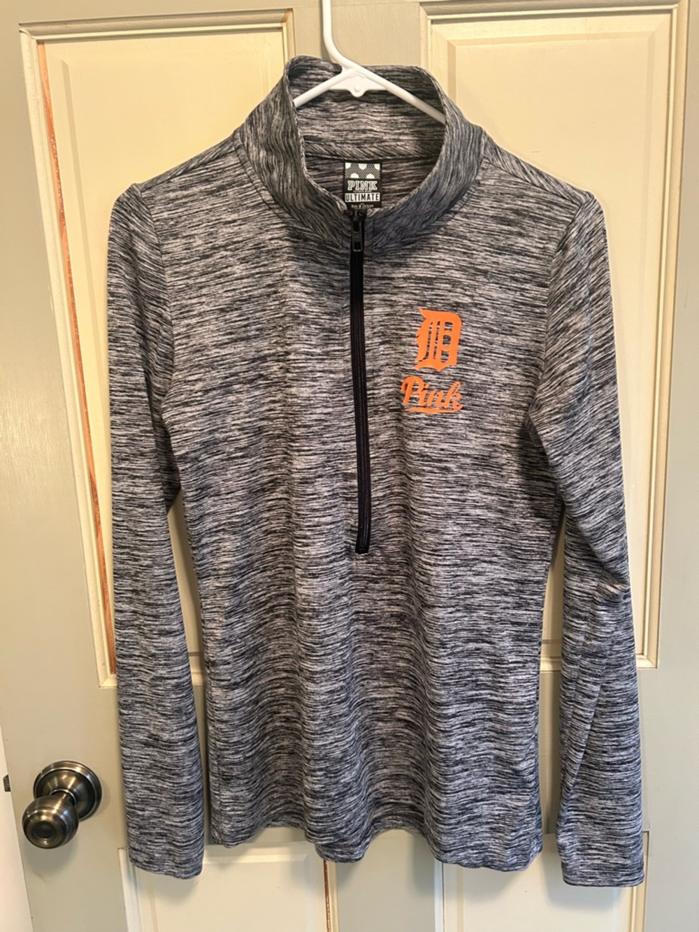 PINK Victoria's Secret Gray Marled Quarter-Zip Pullover with Orange Accent